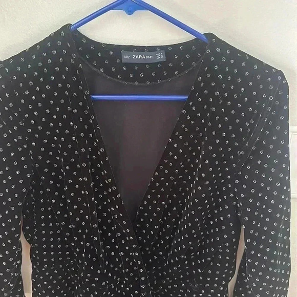ZARA KNIT Wrap Velvet Black Silver Dress Polkadot 3/4 Sleeve Sz small - Picture 4 of 7
